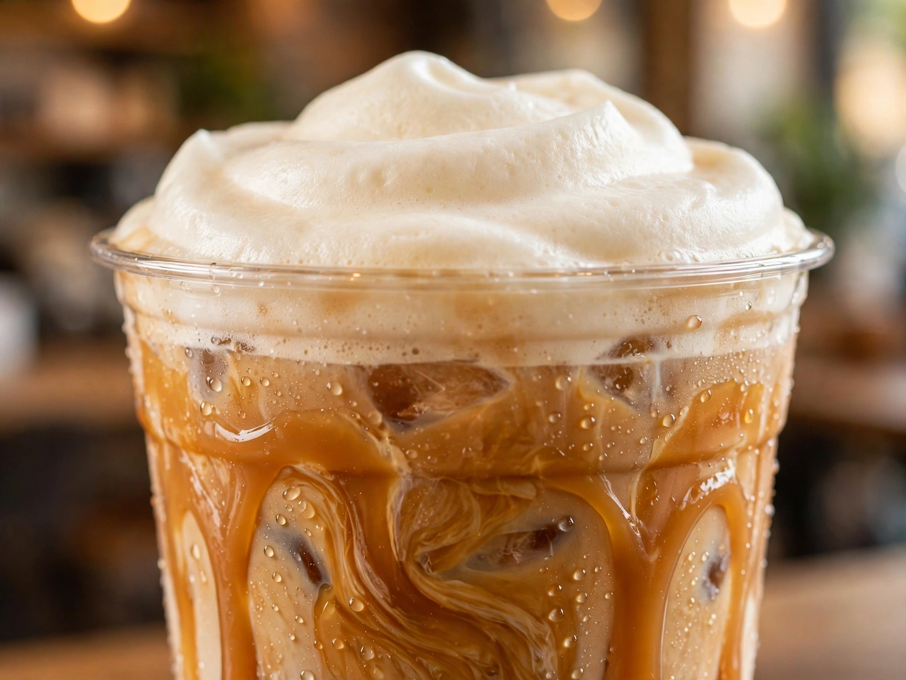 Iced caramel latte with cold foam from 7 Brew