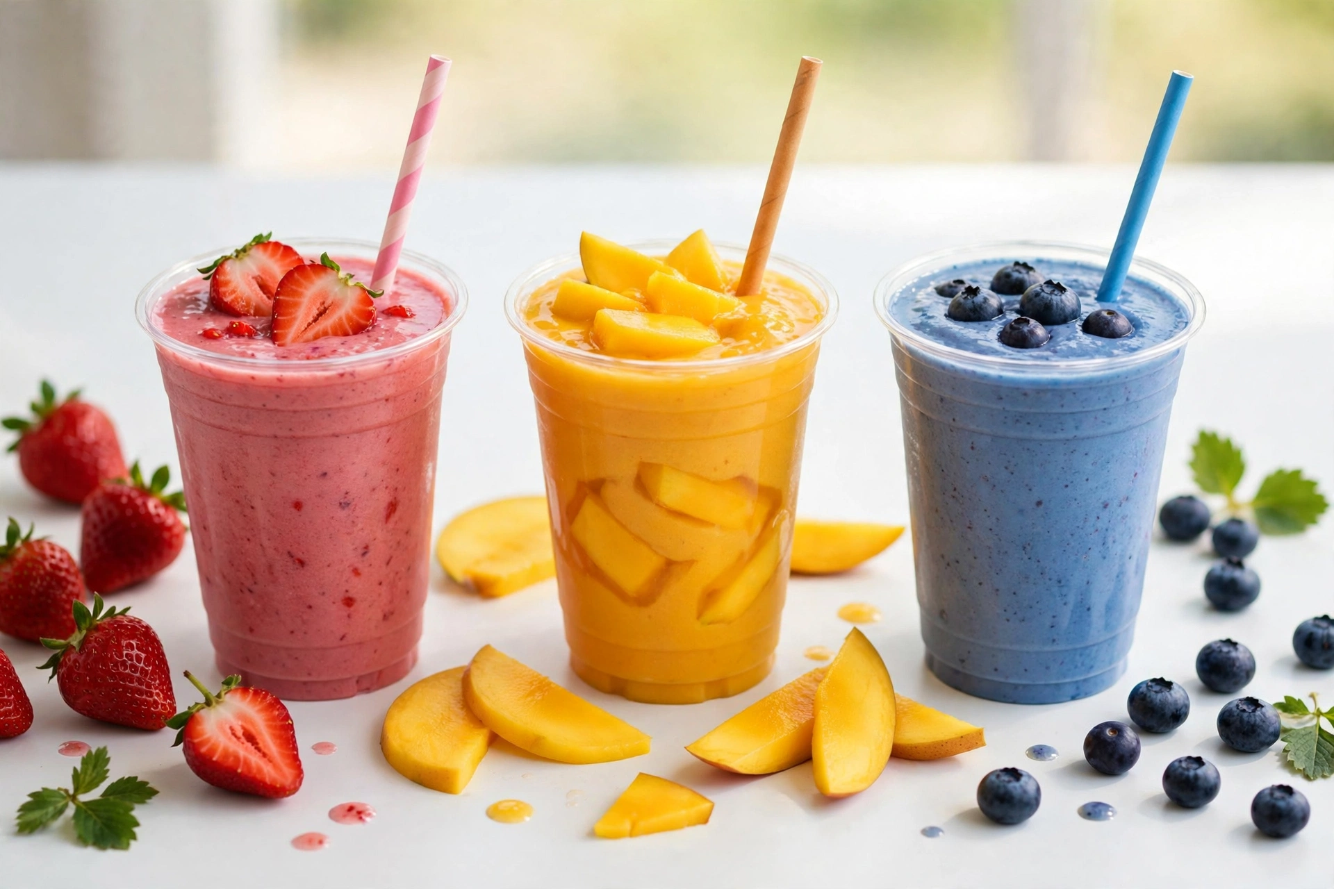 Strawberry, mango and blue raspberry smoothies from 7 Brew